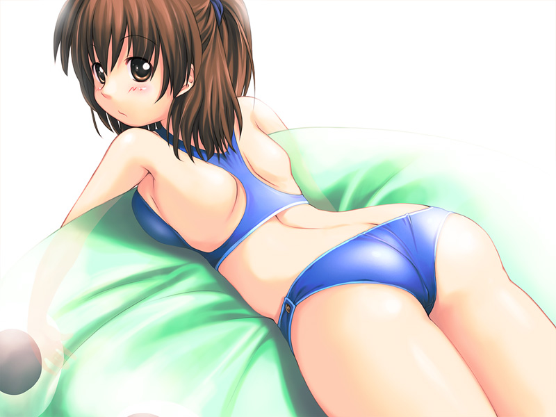 1girl, arle_nadja, ass, back, bikini, blue_bikini, brown_eyes, brown_hair