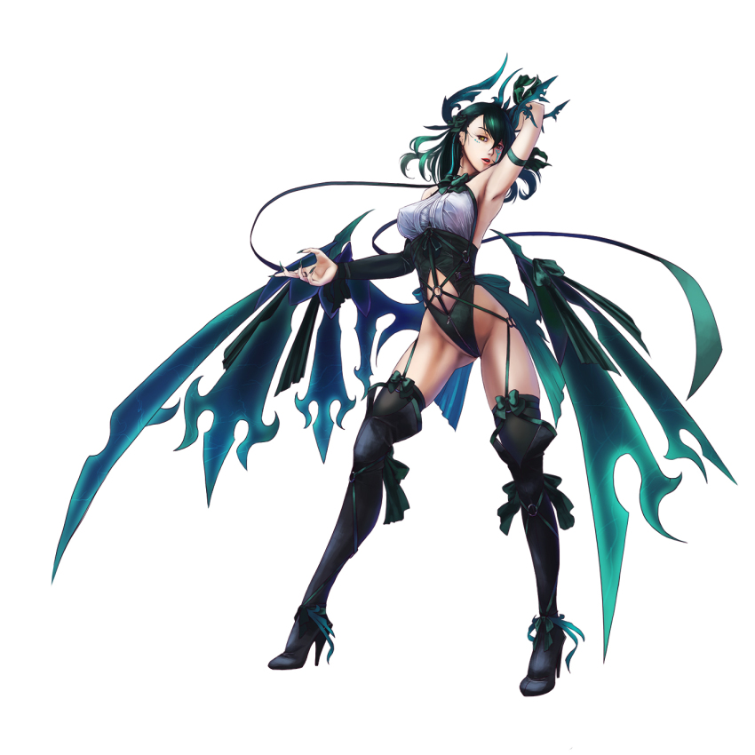 1girl, breasts, demon_girl, facial_mark, felice_qaddaf, female_focus, green_hair, highres, looking_at_viewer, low_wings, md5_mismatch, nail_polish, original, resolution_mismatch, solo, source_smaller, wings, yellow_eyes