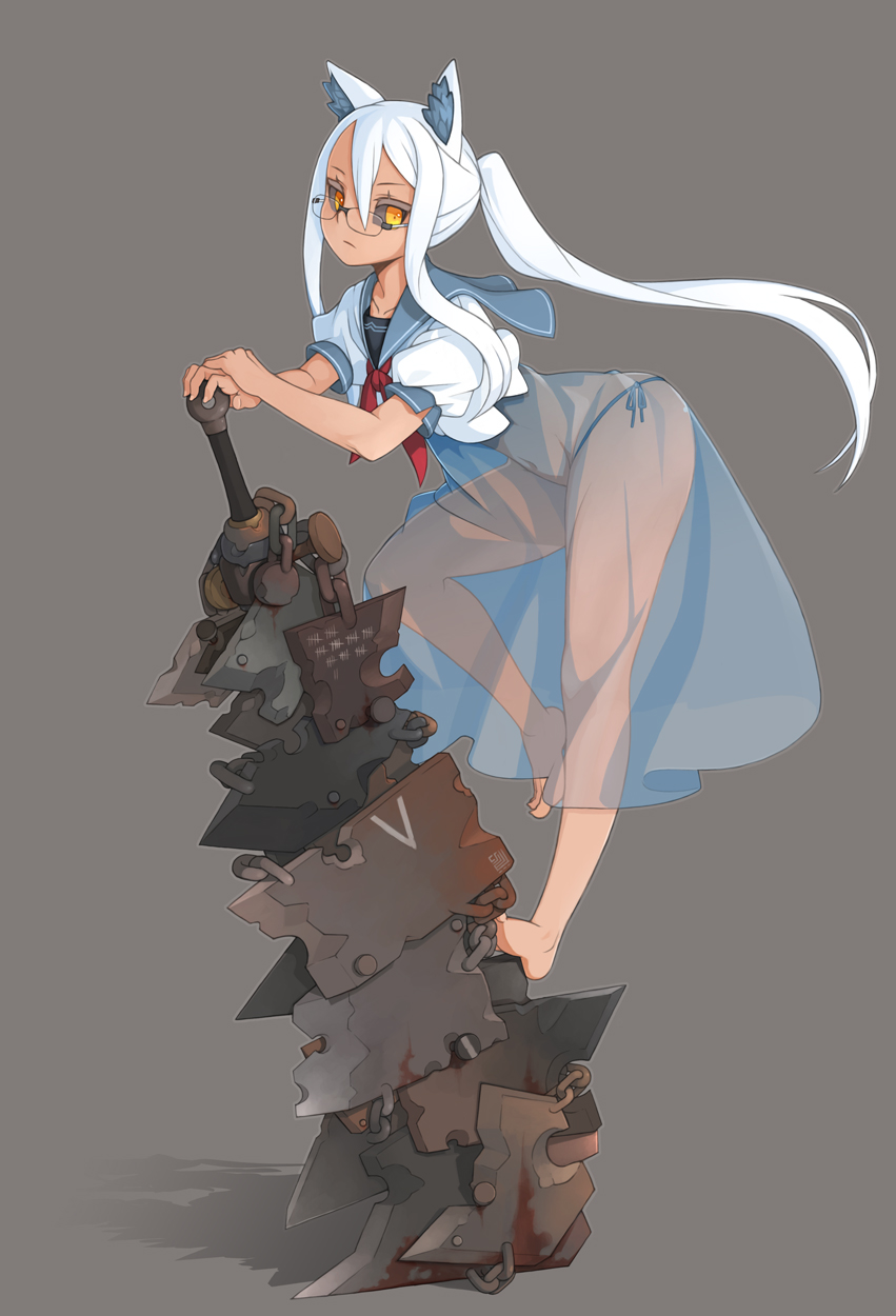 1girl, animal_ears, barefoot, black_sclera, club_(weapon), colored_eyelashes, colored_sclera, female_focus, highres, huge_weapon, long_hair, navel, original, panties, ponytail, ran_system, school_uniform, see-through_clothes, serafuku, side-tie_panties, sidelocks, solo, tan, underwear, very_long_hair, weapon, white_hair, yellow_eyes