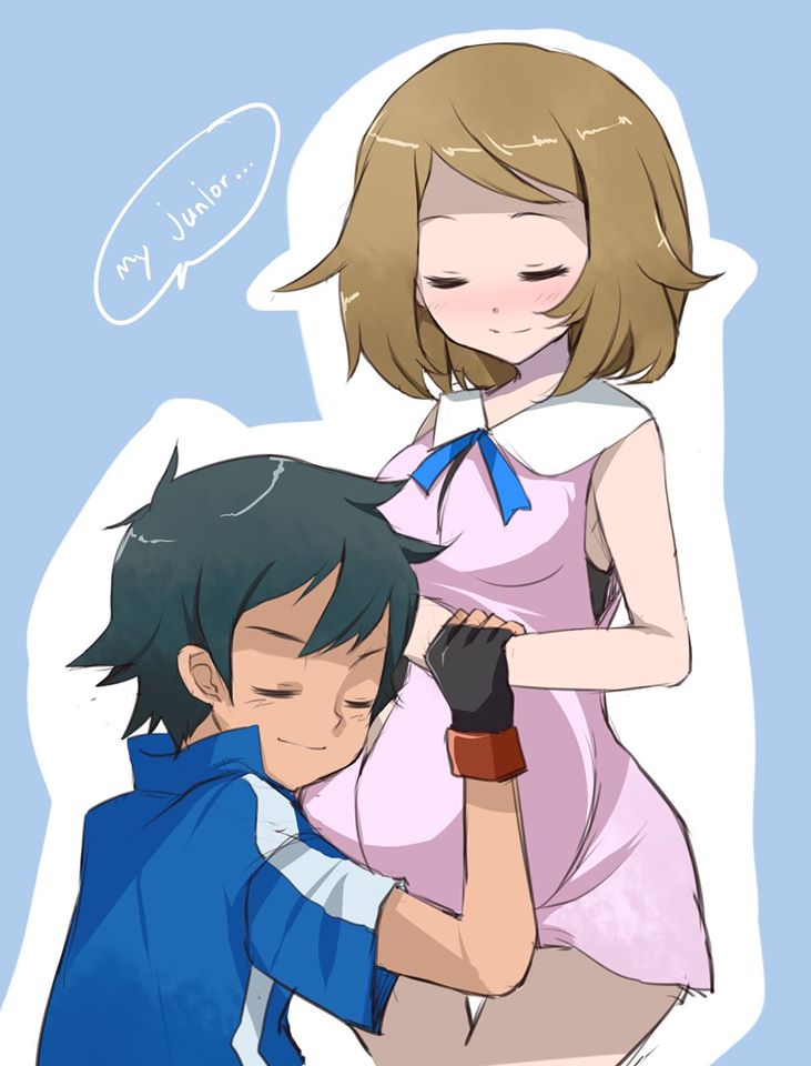 1boy, 1girl, ash_ketchum, black_hair, blue_background, blush, brown_hair, closed_eyes, english_text, nintendo, pokemon, pokemon_(anime), pregnant, ribbon, serena_(pokemon), short_hair, smile, togo_(korlsj1235)