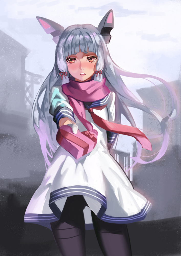 10s, 1girl, black_pantyhose, blush, box, box_of_chocolates, brown_eyes, cowboy_shot