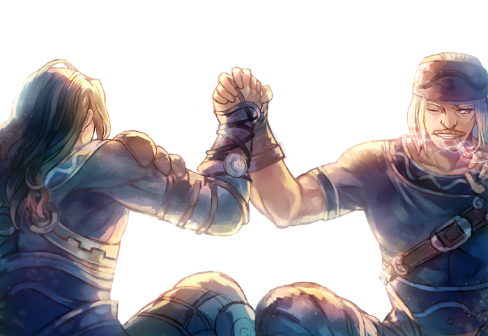 2boys, armor, black_hair, blonde_hair, dickson_(xenoblade), dunban_(xenoblade), facial_hair, holding_hands