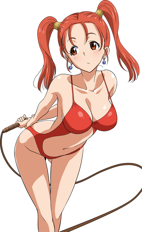 1girl, :/, arms_behind_back, bent_over, breasts, brown_eyes, cleavage, collarbone