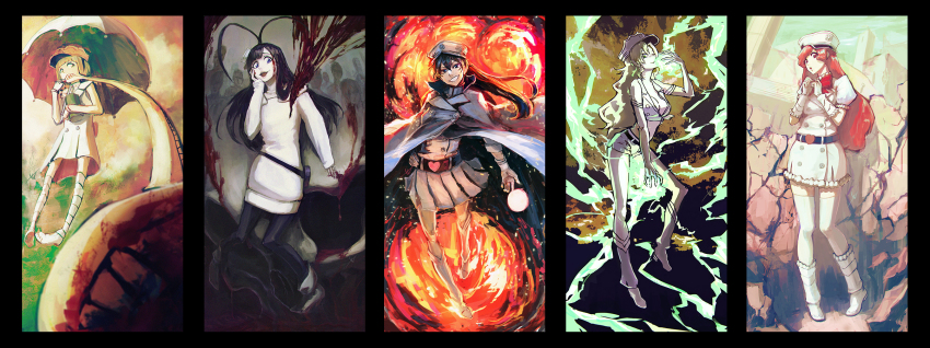 1boy, 4girls, androgynous, bambietta_basterbine, belt, black_hair, bleach, blonde_hair, blood, blue_eyes, boots, breasts, candice_catnipp, cape, cleavage, electricity, giselle_gewelle, gloves, grin, hat, heart, highres, liltotto_lamperd, long_hair, looking_at_viewer, meninas_mcallon, military, military_uniform, multiple_girls, peaked_cap, pink_eyes, pink_hair, quincy_(bleach), short_shorts, shorts, smile, standing, teeth, thighhighs, total, trap, umbrella, white_gloves, white_legwear