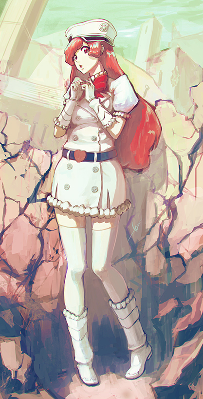 1girl, bad_id, bad_pixiv_id, belt, bleach, bleach:_sennen_kessen-hen, boots, bow, curly_hair, dress, female_focus, gloves, hat, heart, long_hair, looking_at_viewer, meninas_mcallon, military, military_uniform, open_mouth, peaked_cap, pink_eyes, pink_hair, quincy_(bleach), red_eyes, rock, solo, standing, thighhighs, total, white_boots, white_dress, white_gloves, white_thighhighs