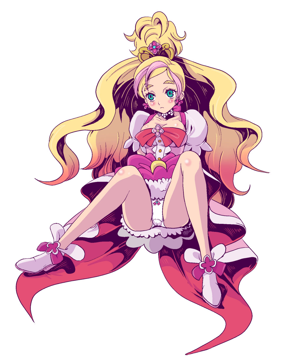1girl, aqua_eyes, bad_id, bad_pixiv_id, blonde_hair, blush, bow, breasts, choker, cleavage, cure_flora, earrings, female_focus, go!_princess_precure, haruno_haruka, highres, jewelry, large_breasts, long_hair, magical_girl, minakaya, multicolored_hair, panties, pink_bow, pink_hair, precure, simple_background, solo, two-tone_hair, underwear, waist_bow, white_panties