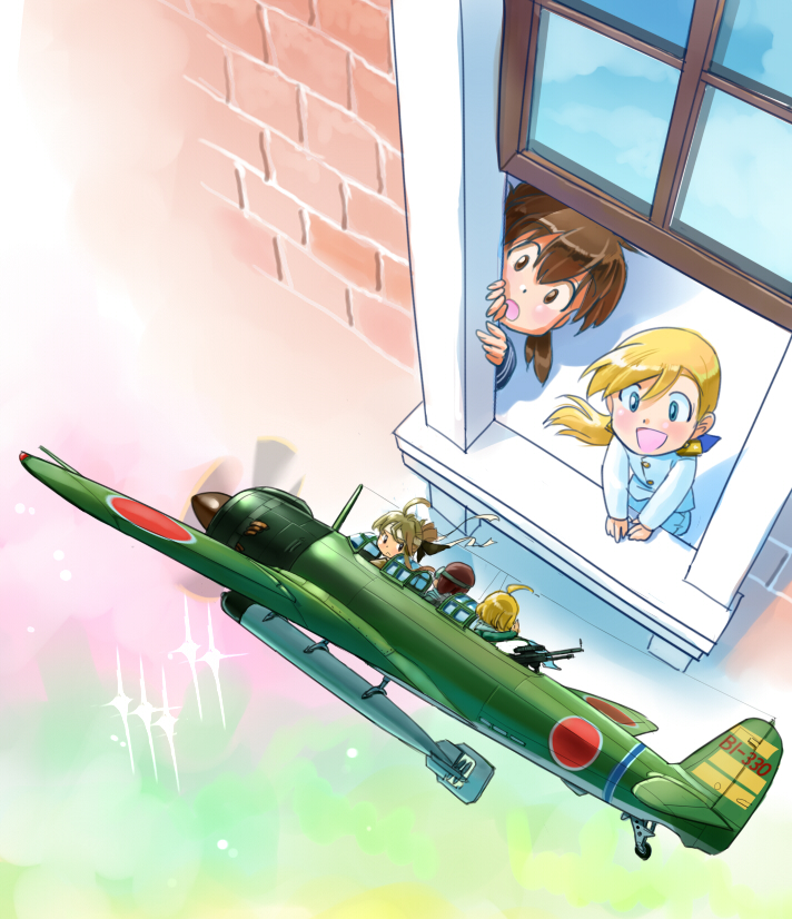 10s, 5girls, aircraft, airplane, bandana, blonde_hair, brown_hair, fairy_(kancolle)