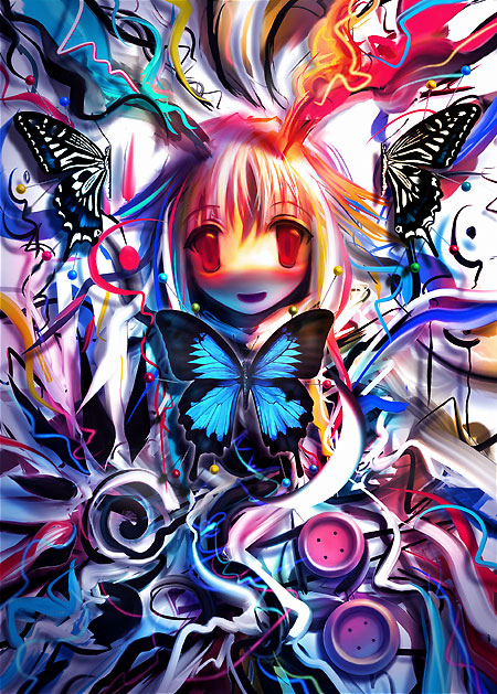 1girl, animal_ears, bug, rabbit_ears, butterfly, female_focus, red_eyes, reisen_udongein_inaba, smile, solo, subreal, surreal, tanaka_ken'ichi, touhou