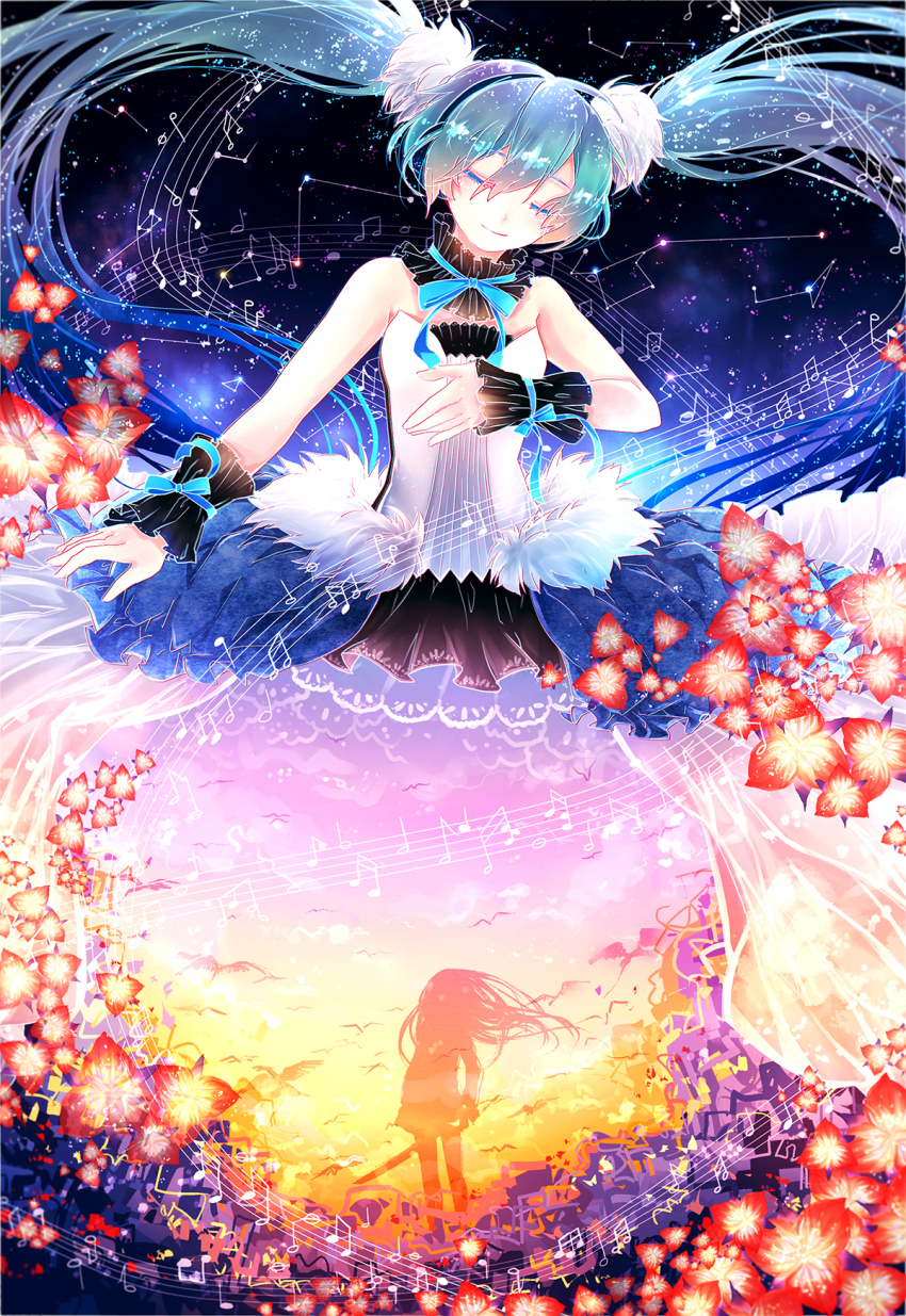 2girls, 7th_dragon, 7th_dragon_(series), 7th_dragon_2020, aqua_hair, beamed_quavers, closed_eyes, floating_hair