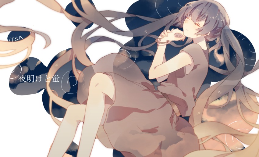 1girl, absurdly_long_hair, alternate_costume, artist_name, bracelet, closed_eyes, cloud, dress