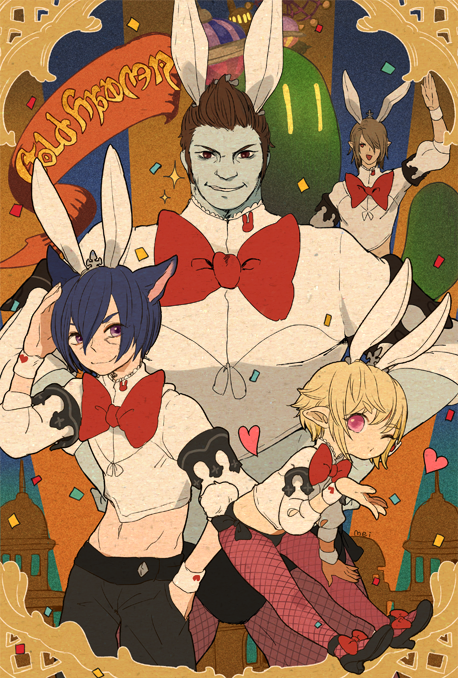 10s, 4boys, animal_ears, artist_name, bad_id, bad_pixiv_id, blowing_kiss, brown_hair, elezen, elf, extra_ears, final_fantasy, final_fantasy_xiv, fishnets, hair_over_one_eye, hand_in_pocket, heart, lalafell, male_focus, meily, midriff, miqo'te, multiple_boys, one_eye_closed, pantyhose, pink_eyes, pointy_ears, rabbit_ears, roegadyn, warrior_of_light_(ff14), wrist_cuffs