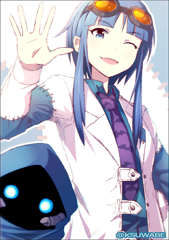 1girl, ;d, animal_print, bat_print, blue_eyes, blue_hair, female_focus, frankenstein's_castle, goggles, goggles_on_head, k-suwabe, lab_coat, long_hair, long_sleeves, matching_hair/eyes, necktie, one_eye_closed, open_mouth, oshiro_project:re, sidelocks, smile, solo, stitches, twitter_username