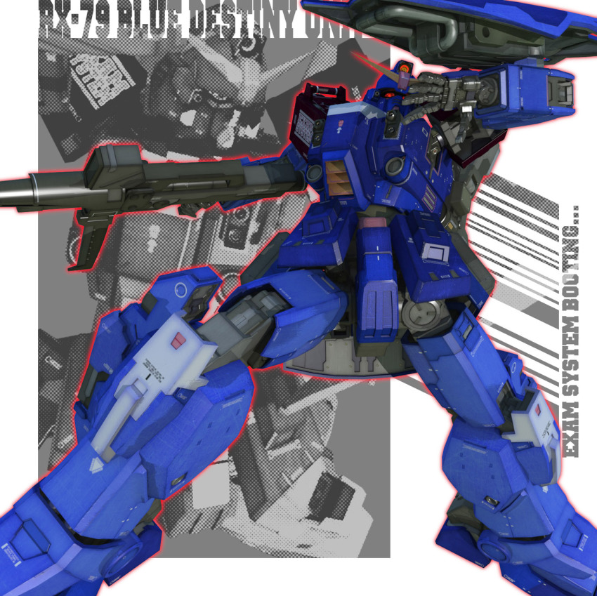 3d, blue_destiny_02, g-db, gun, gundam, gundam_side_story:_the_blue_destiny, highres, mecha, no_humans, robot, shield, weapon