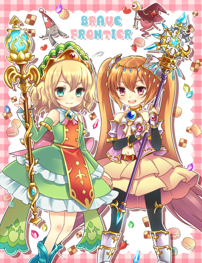 2girls, armor, blonde_hair, blue_eyes, boots, bracelet, brave_frontier, checkerboard_cookie, cookie, detached_sleeves, dress, food, frilled_skirt, frills, fruit, hair_ornament, heart, hoshino_(nia_hoshino), jewelry, luly, macaron, multiple_girls, necklace, orange_hair, purple_eyes, short_hair, skirt, staff, strawberry, themis, thighhighs, twintails