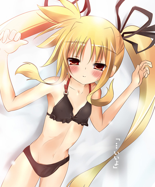 00s, armpits, arms_up, bikini, black_bikini, blonde_hair, blush, fate_testarossa