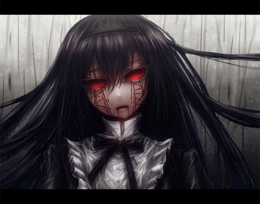 10s, 1girl, akemi_homura, akemi_homura_(black_dress), black_hair, blood, blood_from_mouth, bloody_tears