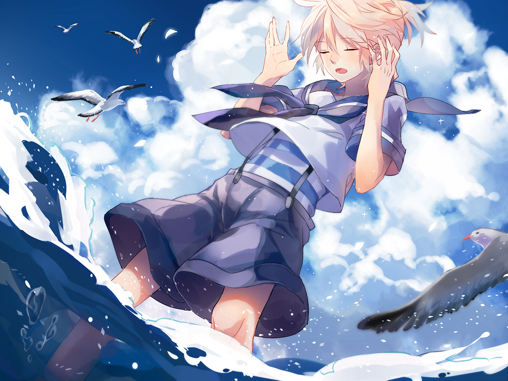 1boy, bird, blonde_hair, closed_eyes, cloud, day, kagamine_len, male_focus
