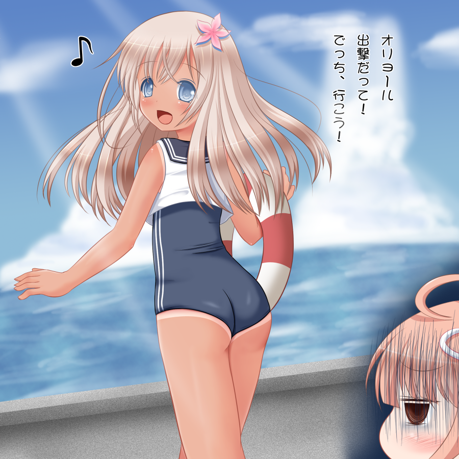 10s, 2girls, ahoge, ass, blue_eyes, blue_sky, brown_eyes, cloud