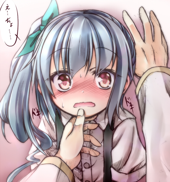 10s, 1girl, admiral_(kancolle), blush, dress_shirt, green_hair, hair_ribbon, hand_on_another's_chin