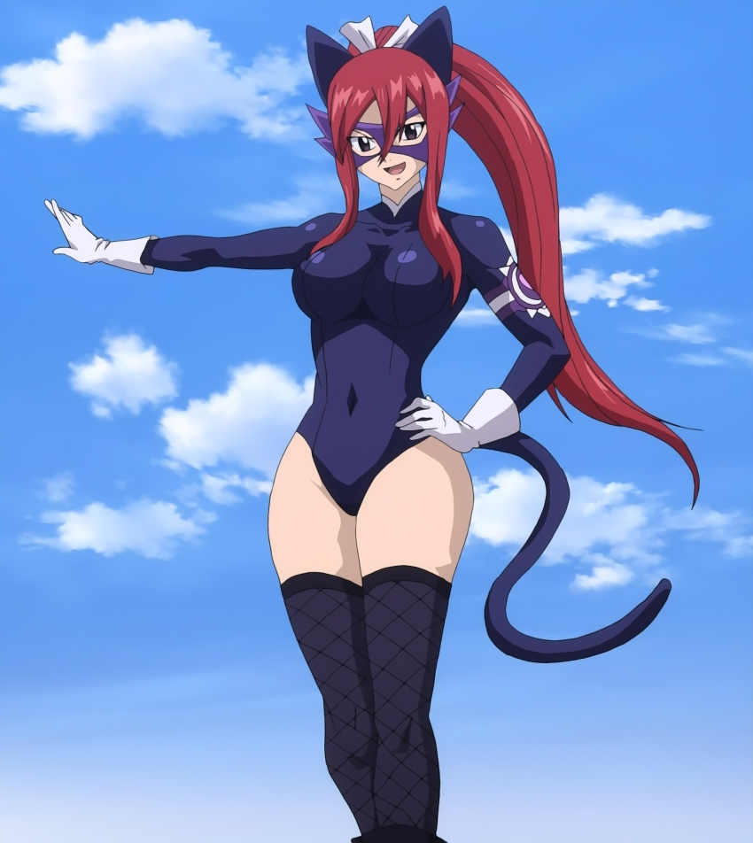 1girl, anime_screenshot, breasts, brown_eyes, covered_navel, domino_mask, erza_scarlet, eye_mask