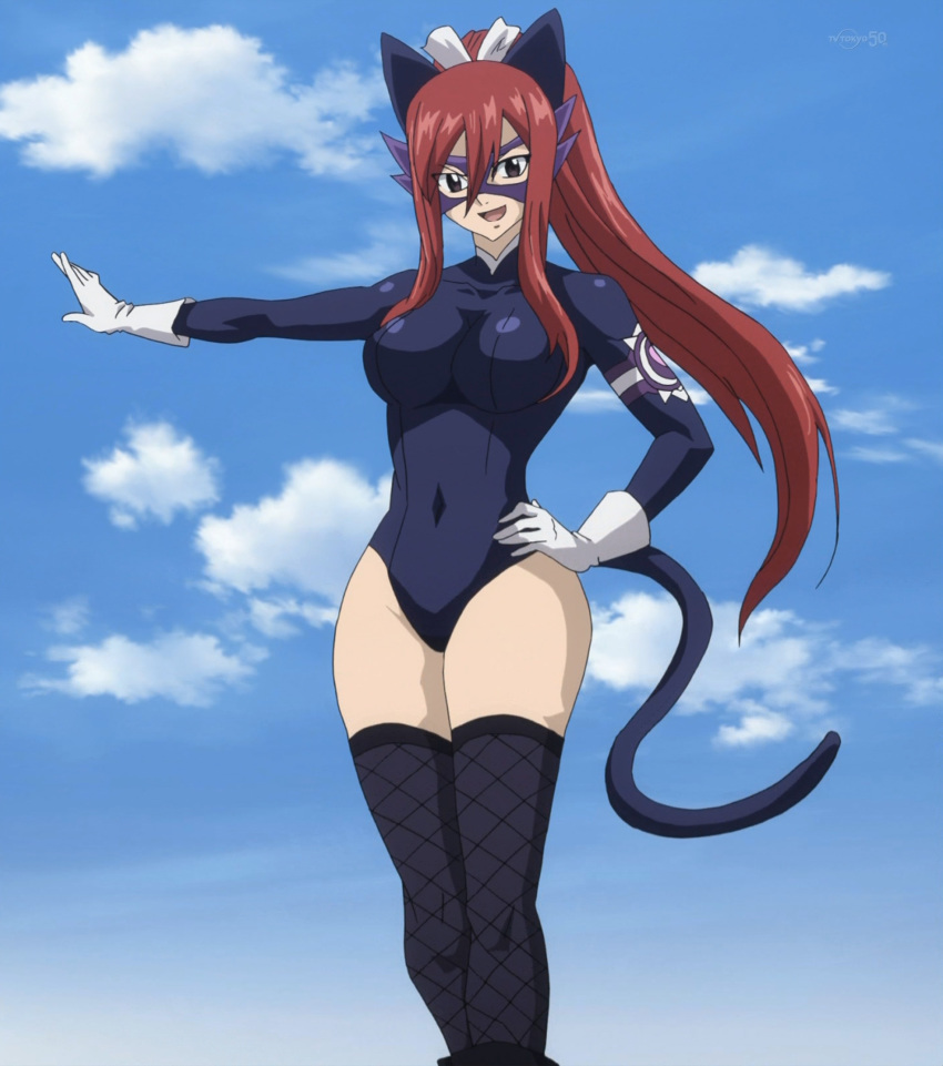 >:d, 1girl, :d, animal_ears, anime_screenshot, black_eyes, black_leotard, boots, breasts, cat_ears, cat_tail, cloud, covered_collarbone, covered_navel, day, domino_mask, emblem, erza_scarlet, eye_mask, fairy_tail, fairy_woman, fake_animal_ears, fake_tail, female_focus, fishnet_thighhighs, fishnets, gloves, hair_between_eyes, hair_ribbon, high_ponytail, highres, impossible_clothes, impossible_leotard, kemonomimi_mode, large_breasts, legs_together, leotard, long_hair, long_sleeves, looking_at_viewer, mask, open_mouth, outdoors, outstretched_arm, parted_bangs, ponytail, red_hair, ribbon, sidelocks, skin_tight, sky, smile, solo, standing, stitched, tail, thigh_boots, thighhighs, third-party_edit, turtleneck, v-shaped_eyebrows, very_long_hair, white_gloves, white_ribbon
