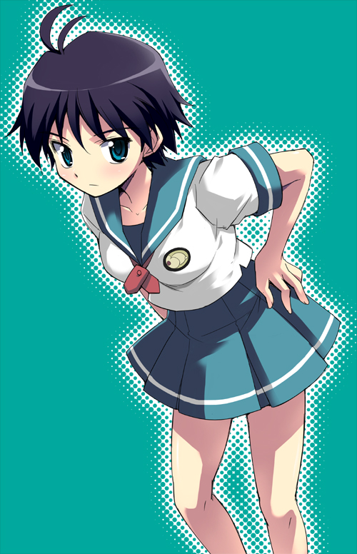 00s, 1girl, antenna_hair, black_hair, blue_eyes, blue_sailor_collar, blue_skirt, female_focus