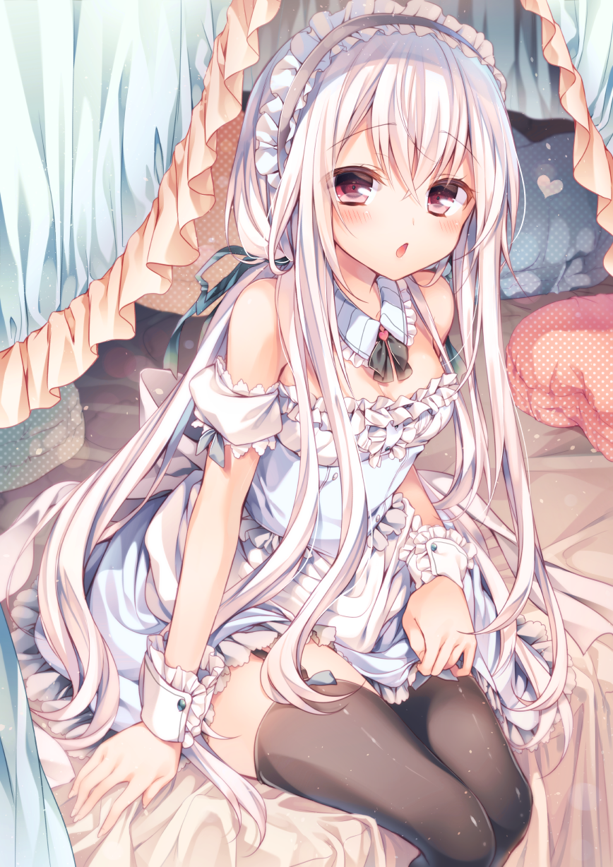 1girl, :o, bare_shoulders, black_thighhighs, blush, chestnut_mouth, collar, detached_collar, female_focus, frilled_collar, frilled_shirt_collar, frills, garter_straps, hair_between_eyes, heart, highres, kasako_(komeshiro_kasu), komeshiro_kasu, long_hair, maid, maid_headdress, original, pillow, red_eyes, sitting, solo, thighhighs, top_of_moe_2015, very_long_hair, white_hair, wrist_cuffs, zettai_ryouiki