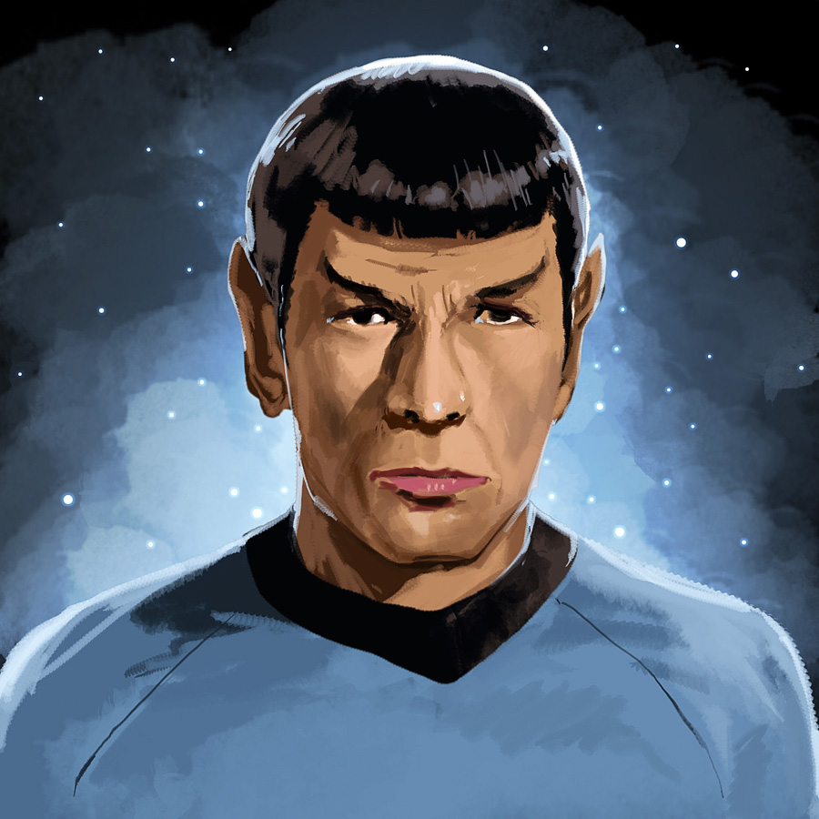 1boy, alien, black_hair, eyebrows, funbolt, leonard_nimoy, male_focus, pointy_ears, portrait, science_fiction, solo, space, spock, star_(symbol), star_trek, starfleet_uniform, vulcan