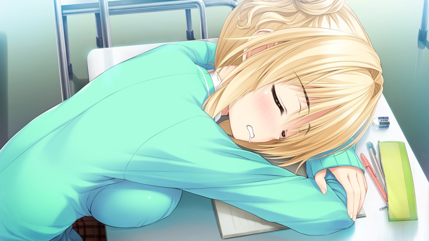 1girl, anou_touko, blonde_hair, blush, book, breast_press, breasts, classroom