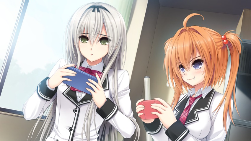 2girls, akibe_eru, blue_eyes, blush, bow, bowtie, breasts, curtains