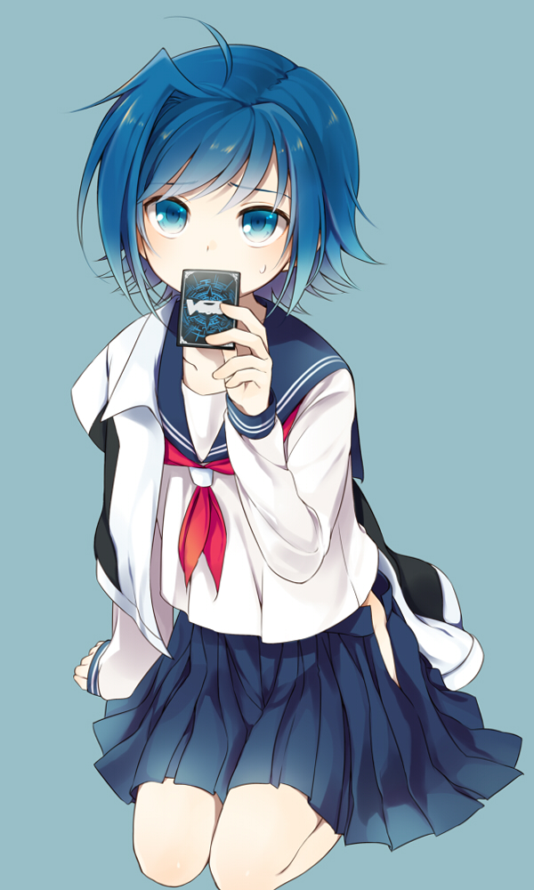 10s, 1boy, ahoge, bad_id, bad_pixiv_id, blue_hair, blush, card, cardfight!!_vanguard, crossdressing, crossdressing_(mtf), full_body, jacket, jikunyaga, male_focus, school_uniform, sendou_aichi, serafuku, short_hair, skirt, solo, sweat, trap