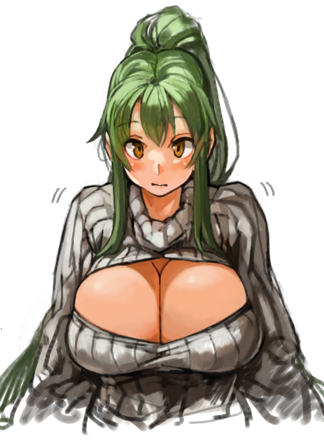 1girl, blush, breasts, cleavage, cleavage_cutout, clothing_cutout, female_focus, green_hair