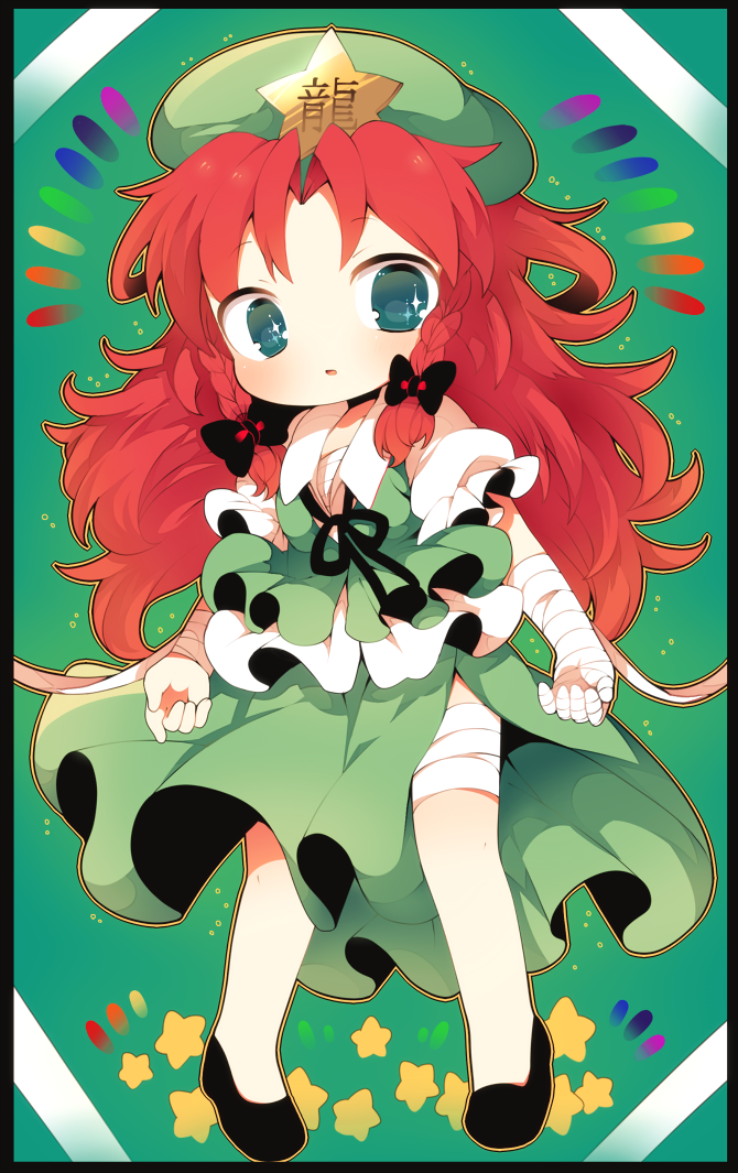 1girl, aqua_eyes, bad_id, bad_tumblr_id, bandaged_arm, bandages, beret, bow