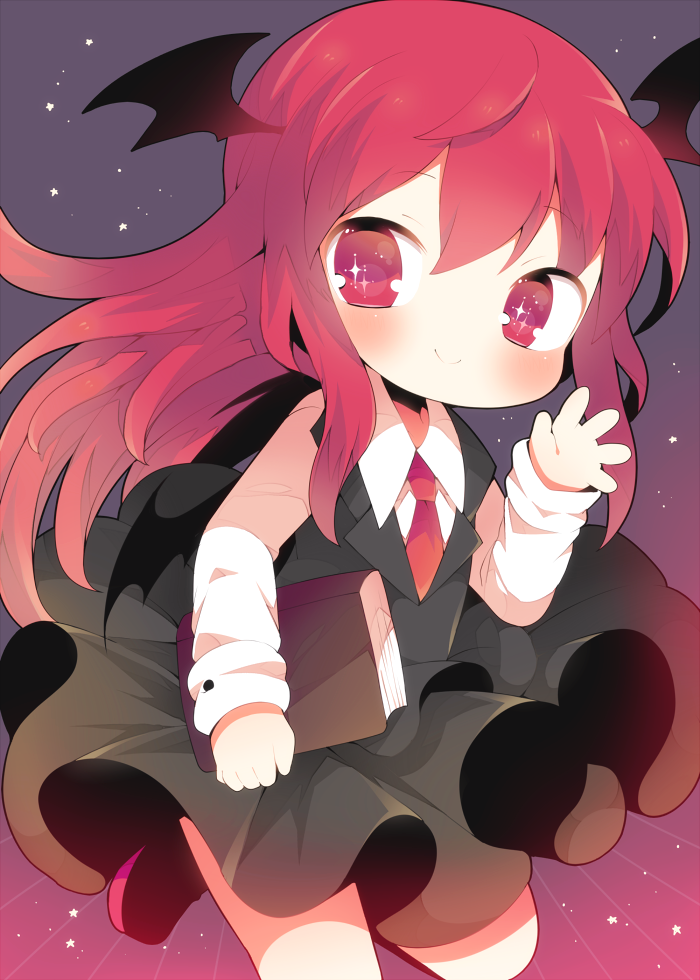 1girl, bad_id, bad_tumblr_id, bat_wings, blush, book, chibi, dress_shirt, female_focus, gradient_background, head_wings, holding, holding_book, koakuma, kyoneko, kyou_(nekoneko), leg_up, long_hair, long_sleeves, looking_at_viewer, necktie, red_eyes, red_hair, red_necktie, shirt, skirt, skirt_set, smile, solo, star_(symbol), touhou, vest, waving, wings