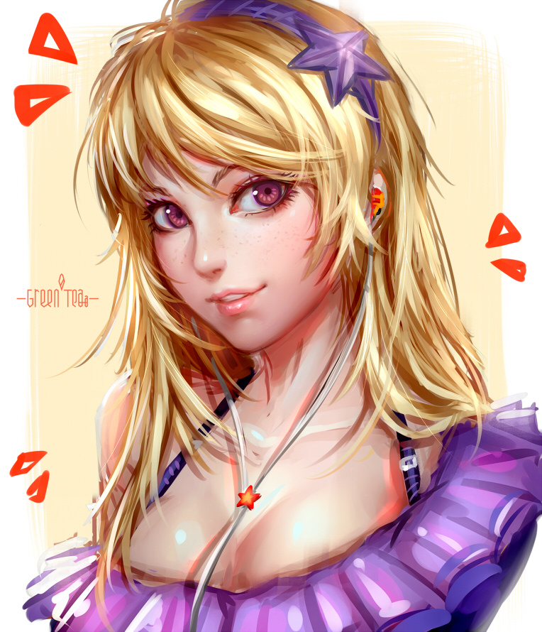 1girl, artist_request, blonde_hair, earbuds, earphones, female_focus, freckles, greenteaa