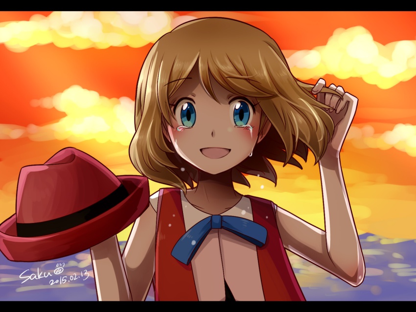 aiakasa-sakura, alternate_hairstyle, blue_eyes, brown_hair, hat, highres, nintendo, pokemon, pokemon_(anime), serena_(pokemon), short_hair, sky, smile, tears
