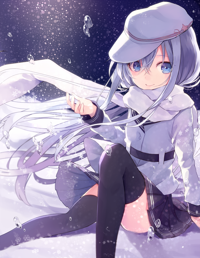 10s, 1girl, black_thighhighs, blue_eyes, female_focus, hammer_and_sickle, hat, hibiki_(kancolle)
