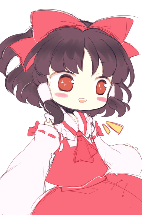 1girl, :d, blush_stickers, brown_hair, chibi, female_focus, hair_ribbon, hair_tubes