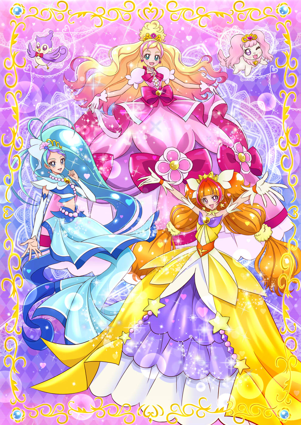 3girls, :d, amanogawa_kirara, aqua_eyes, aroma_(precure), blonde_hair, blue_eyes, blue_hair
