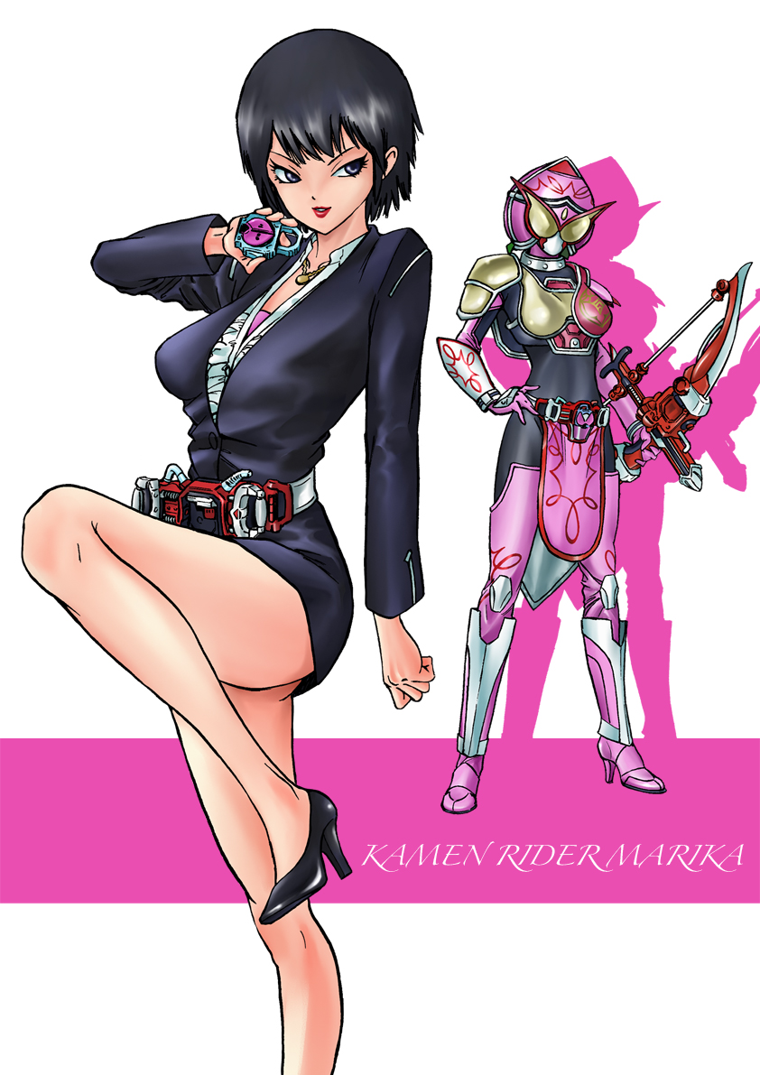 >:d, 1girl, :d, armor, armored_boots, bare_legs, belt, black_footwear, black_hair, black_skirt, blue_eyes, boots, bow_(weapon), breastplate, breasts, character_name, collarbone, crossbow, hand_on_own_hip, high_heels, holding, holding_weapon, iwa, iwa_(nanakakusui), jewelry, kamen_rider, kamen_rider_gaim_(series), kamen_rider_marika, leg_up, lock, lock_seed, loincloth, long_sleeves, medium_breasts, minato_youko, miniskirt, necklace, no_socks, open_mouth, padlock, pencil_skirt, pink_boots, red_lips, shoes, short_hair, shoulder_pads, silhouette, simple_background, skirt, smile, standing, standing_on_one_leg, thigh_boots, thighhighs, tsurime, v-shaped_eyebrows, weapon, white_background