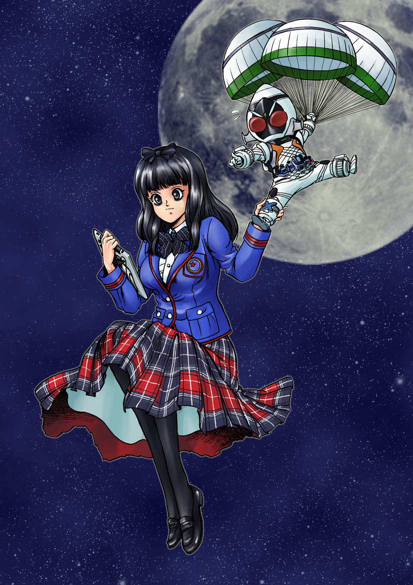 1girl, black_bow, black_bowtie, black_eyes, black_footwear, black_hair, black_pantyhose, blazer