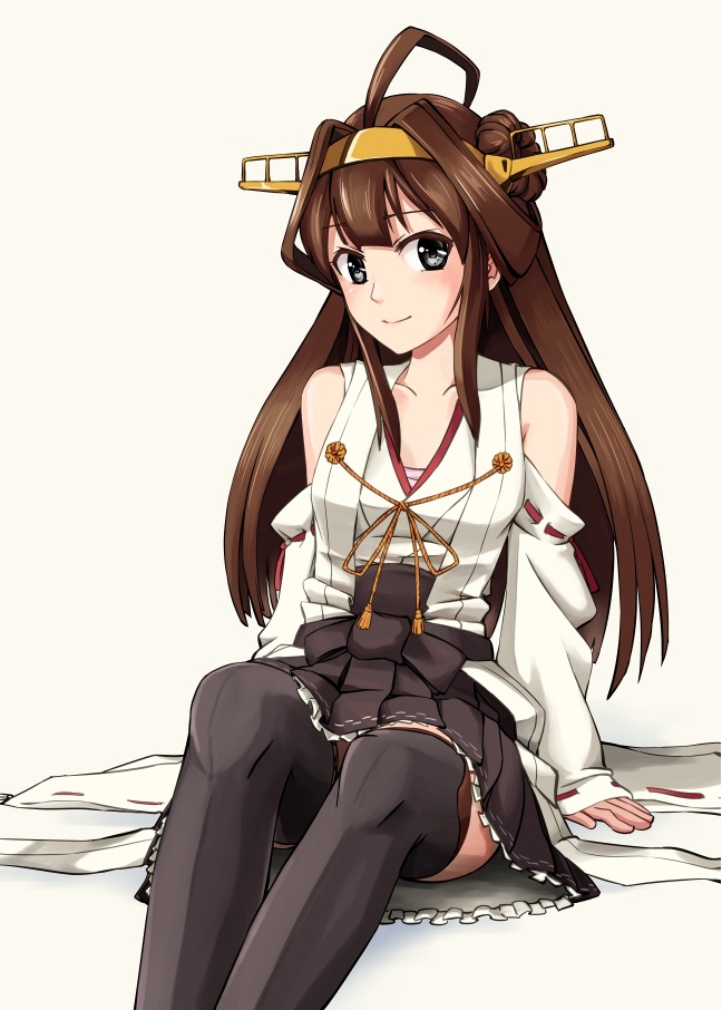 10s, 1girl, ahoge, bad_id, bad_pixiv_id, black_thighhighs, boots, breasts, brown_eyes, brown_hair, collarbone, cowboy_shot, female_focus, headgear, kantai_collection, kongou_(kancolle), light_smile, long_hair, looking_at_viewer, miniskirt, monsuu_(hoffman), nontraditional_miko, pleated_skirt, ribbon-trimmed_sleeves, ribbon_trim, sarashi, simple_background, sitting, skirt, small_breasts, solo, thigh_boots, thighhighs, white_background, zettai_ryouiki