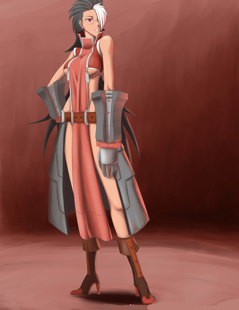 1girl, bare_shoulders, belt, black_hair, blazblue, boots, diestro, female_focus