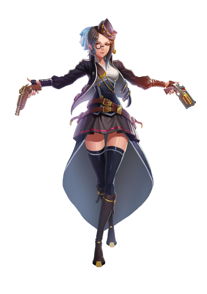 1girl, backlighting, belt, black_hair, black_thighhighs, boots, breasts, corset, crossed_legs, diestro, dual_wielding, female_focus, fingerless_gloves, garrison_cap, gloves, gun, hair_ribbon, handgun, hat, highres, holding, jacket, knee_boots, monocle, multiple_belts, original, pistol, red_eyes, revolver, ribbon, showgirl_skirt, skirt, small_breasts, solo, standing, steampunk, taut_clothes, thighhighs, watson_cross, weapon