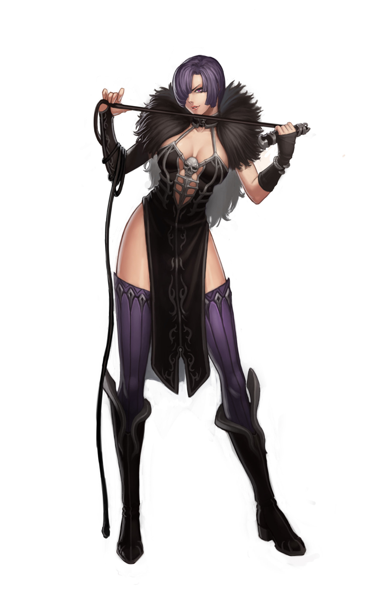 1girl, asymmetrical_gloves, boots, breasts, choker, cleavage, diestro, feather_boa, female_focus, full_body, gloves, hair_over_one_eye, high_heels, highres, knee_boots, large_breasts, long_legs, mismatched_gloves, original, purple_eyes, purple_hair, purple_thighhighs, short_hair, side_slit, skull, solo, thighhighs, whip