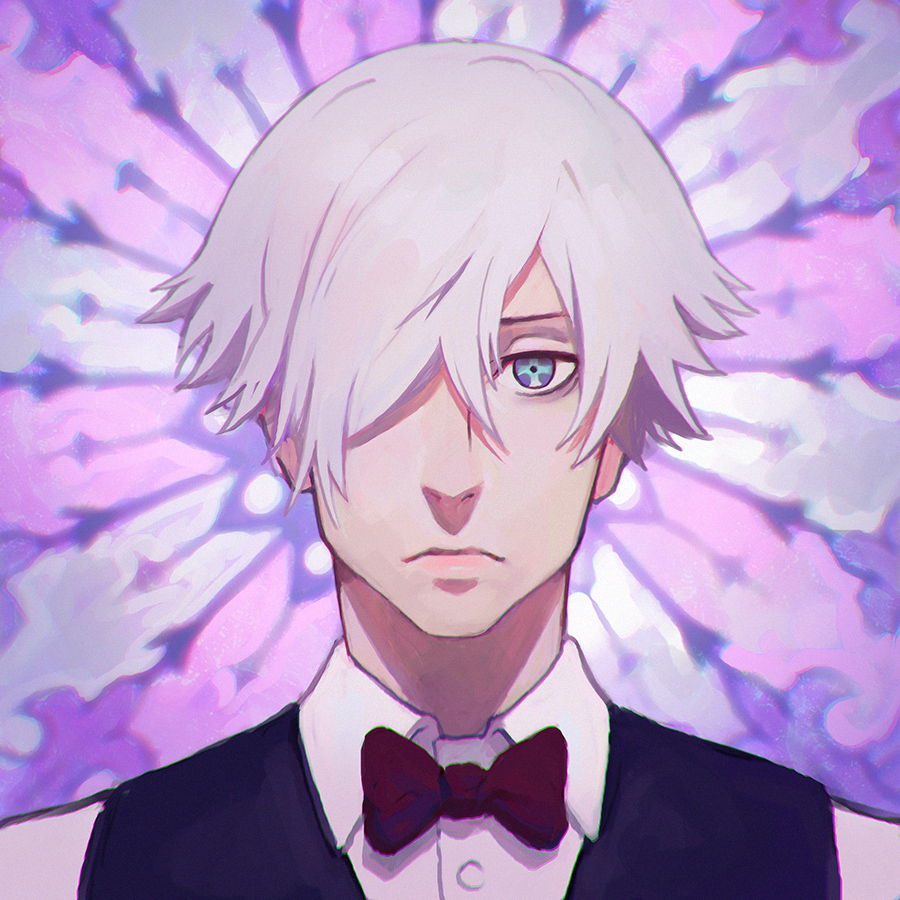 10s, 1boy, blouse, chromatic_aberration, death_parade, decim_(death_parade), hair_between_eyes, hair_over_one_eye
