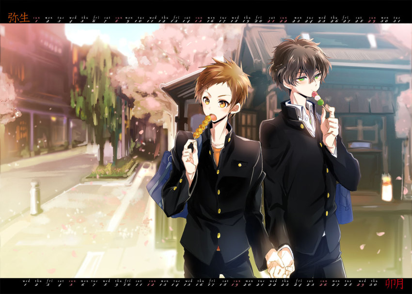 10s, 2boys, bag, black_hair, blush, brown_eyes, brown_hair, calendar