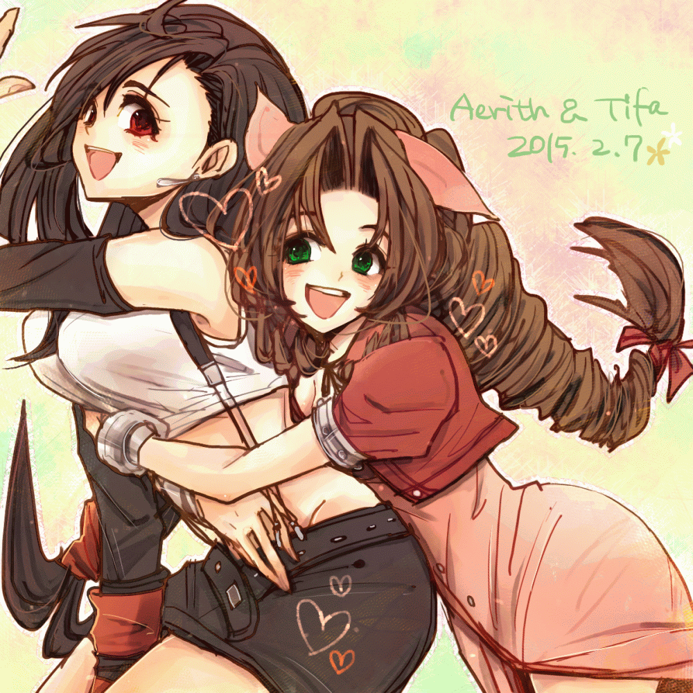 10s, 1990s_(style), 2015, 2girls, :d, aerith_gainsborough, black_hair, bow