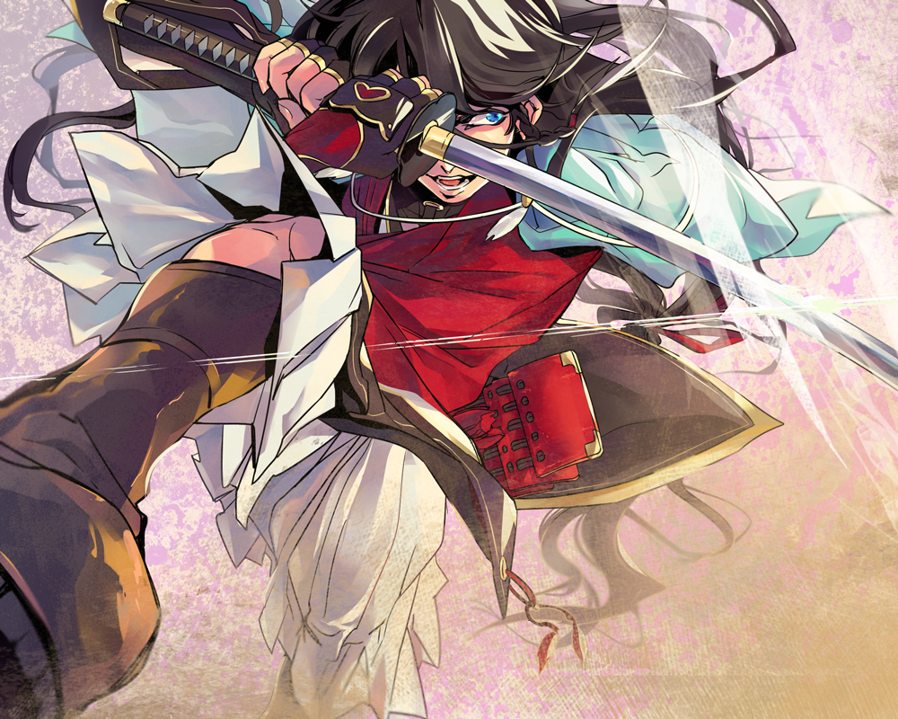 10s, 1boy, black_hair, blue_eyes, boots, del_(logicallogos), hakama, hakama_skirt