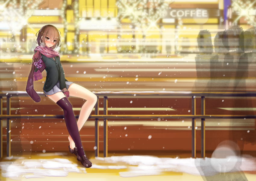 1girl, absurdres, asymmetrical_legwear, breath, brown_eyes, brown_hair, dobunezumi, female_focus